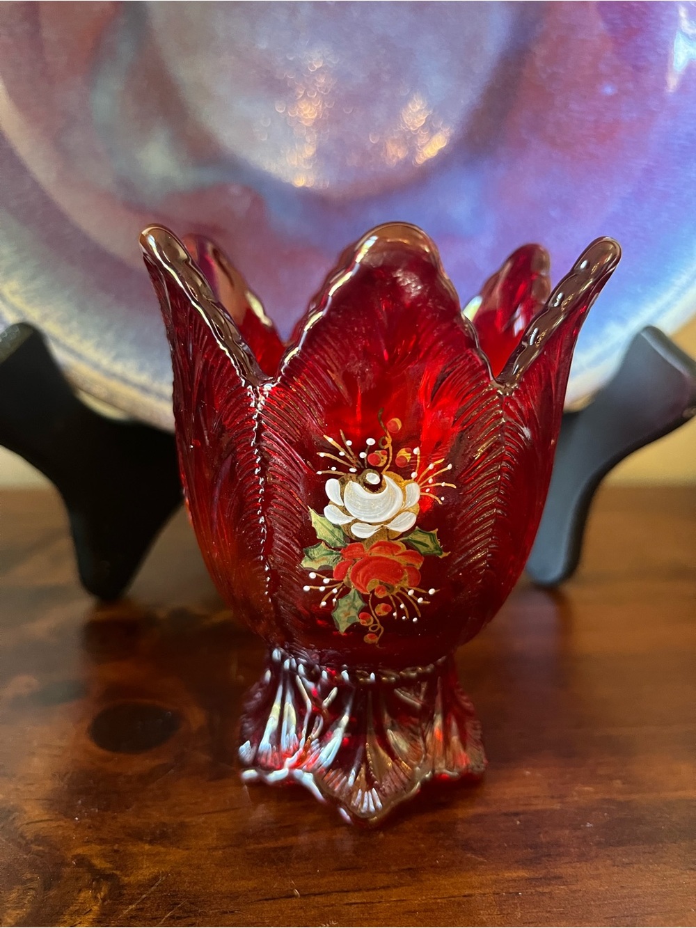Vintage Fenton ruby red amberina glass red leaf 2 way votive hand painted EUC